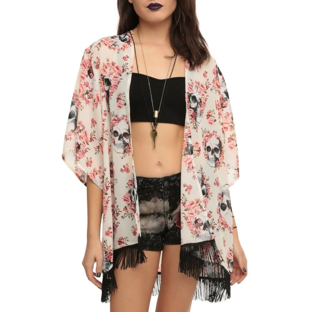 Hot Topic Black Pink Floral Skull Kimono fringe size Small